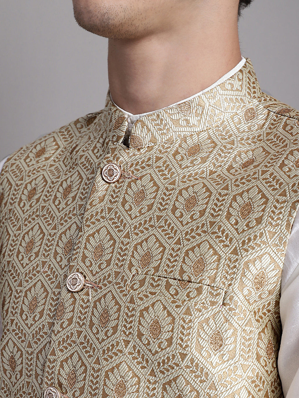 Jompers Men's Cream Woven Design Nehru Jacket With Solid Kurta Pyjama