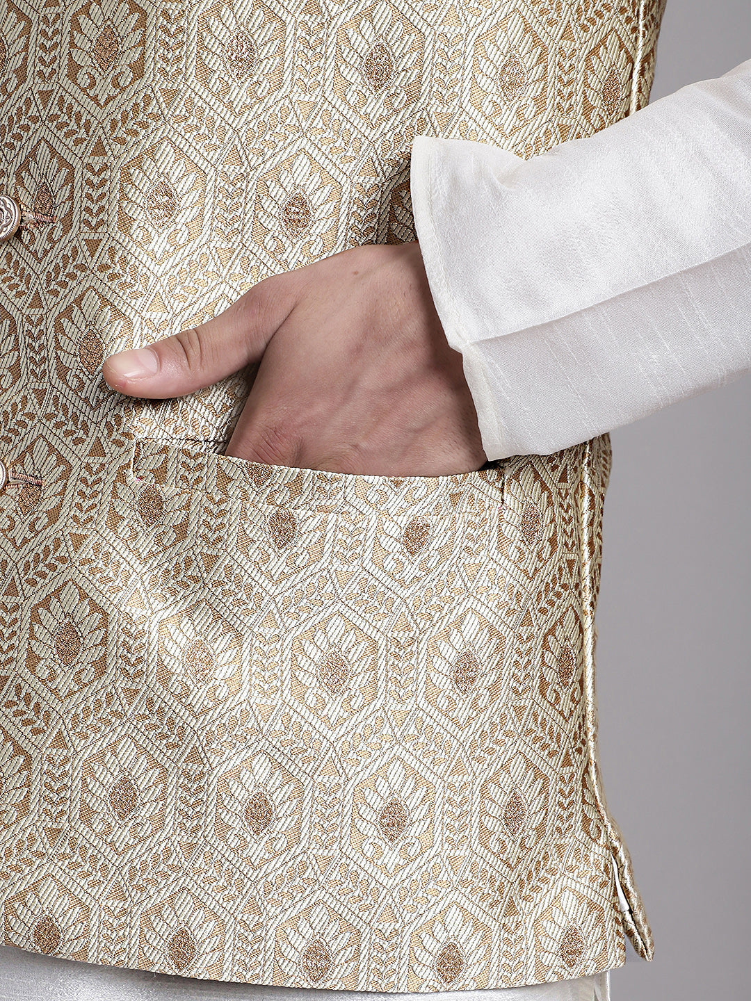 Jompers Men's Cream Woven Design Nehru Jacket With Solid Kurta Pyjama