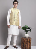 Jompers Men's Golden Woven Design Nehru Jacket With Solid Kurta Pyjama
