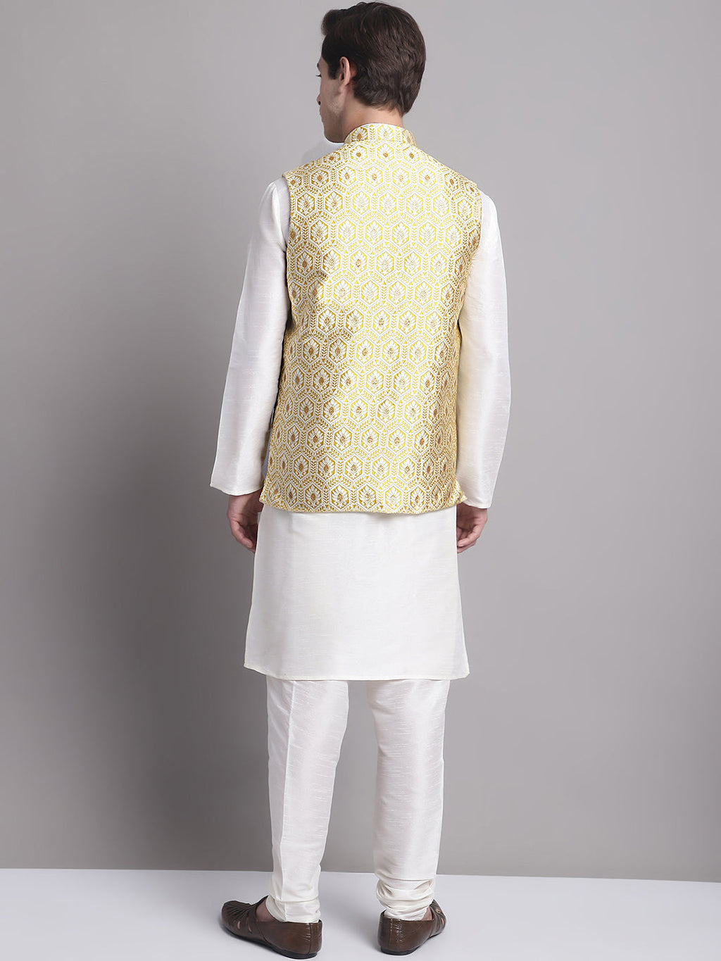 Jompers Men's Golden Woven Design Nehru Jacket With Solid Kurta Pyjama
