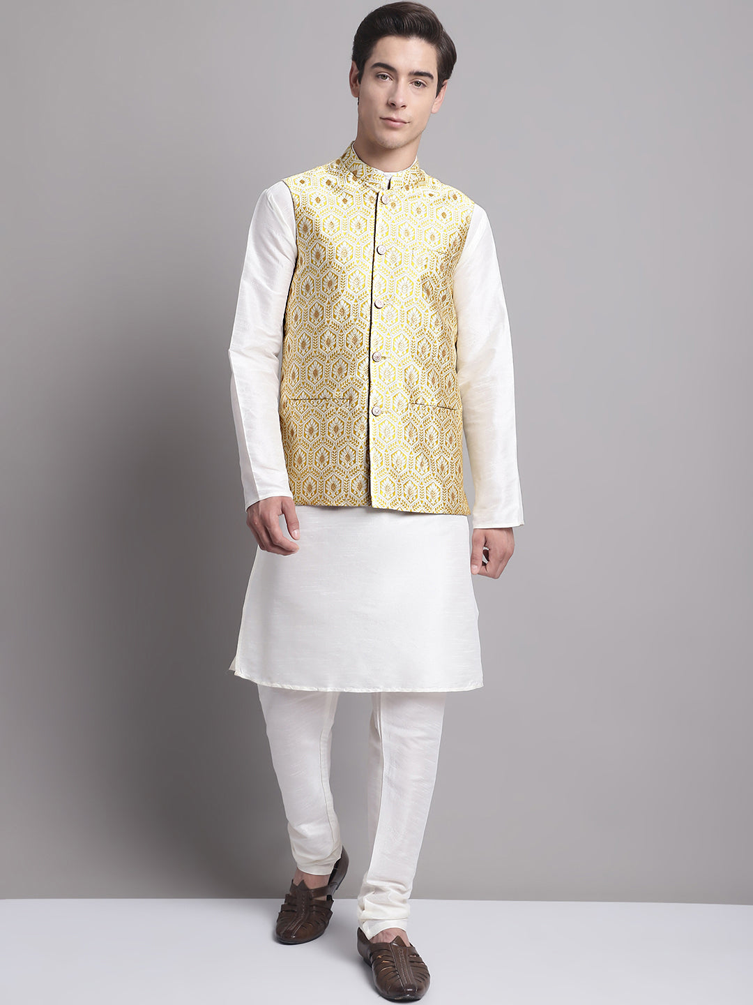Jompers Men's Golden Woven Design Nehru Jacket With Solid Kurta Pyjama