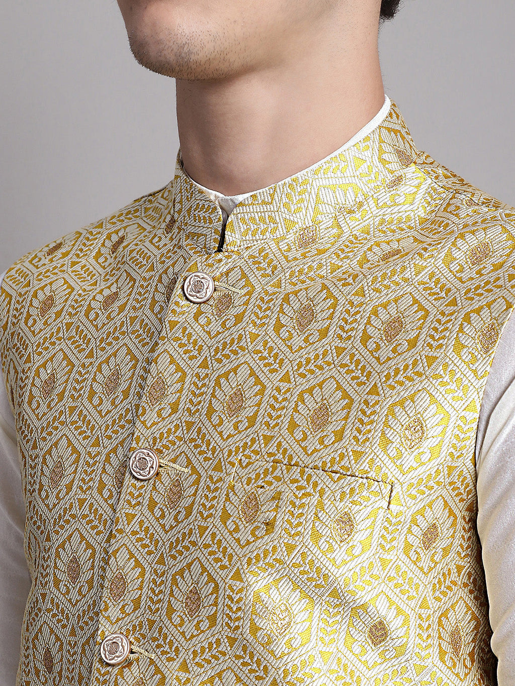 Jompers Men's Golden Woven Design Nehru Jacket With Solid Kurta Pyjama