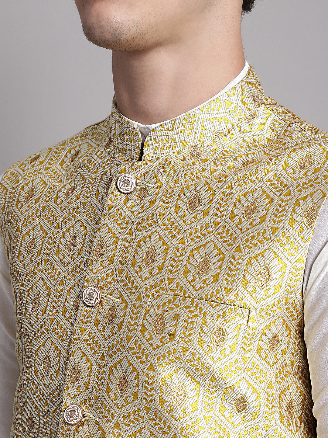 Jompers Men's Golden Woven Design Nehru Jacket With Solid Kurta Pyjama