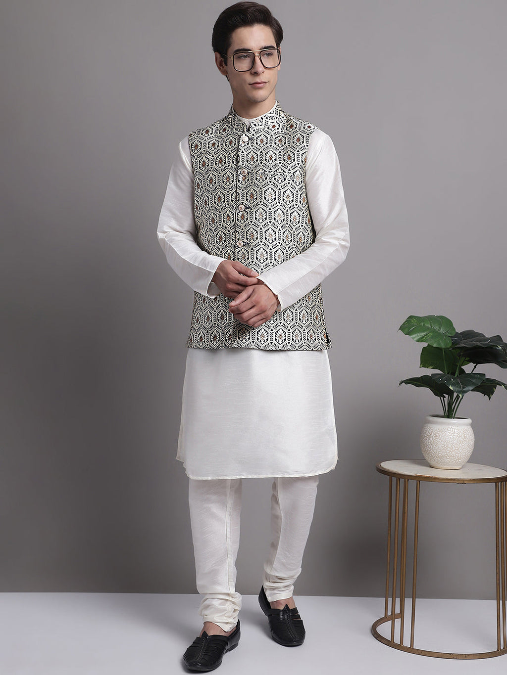 Jompers Men's Silver and Navy Blue Woven Design Nehru Jacket With Solid Kurta Pyjama
