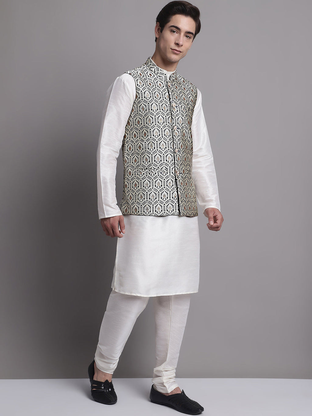 Jompers Men's Silver and Navy Blue Woven Design Nehru Jacket With Solid Kurta Pyjama