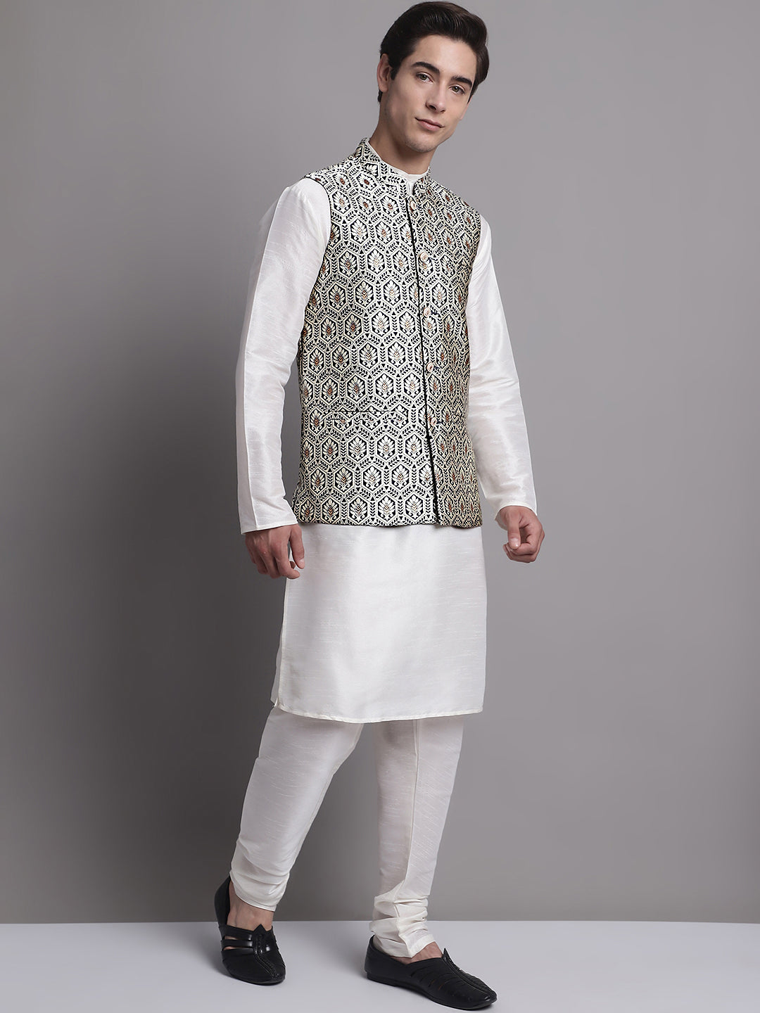 Jompers Men's Silver and Navy Blue Woven Design Nehru Jacket With Solid Kurta Pyjama