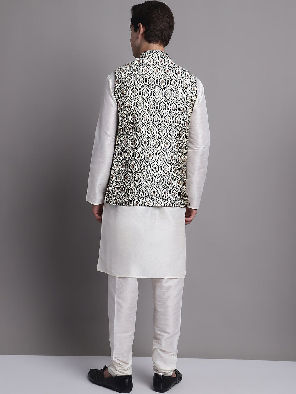 Jompers Men's Silver and Navy Blue Woven Design Nehru Jacket With Solid Kurta Pyjama