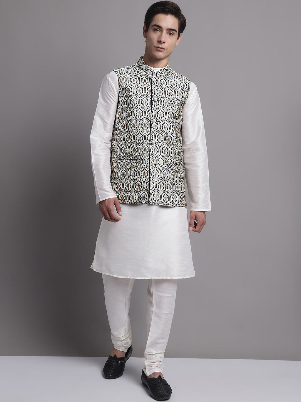 Jompers Men's Silver and Navy Blue Woven Design Nehru Jacket With Solid Kurta Pyjama