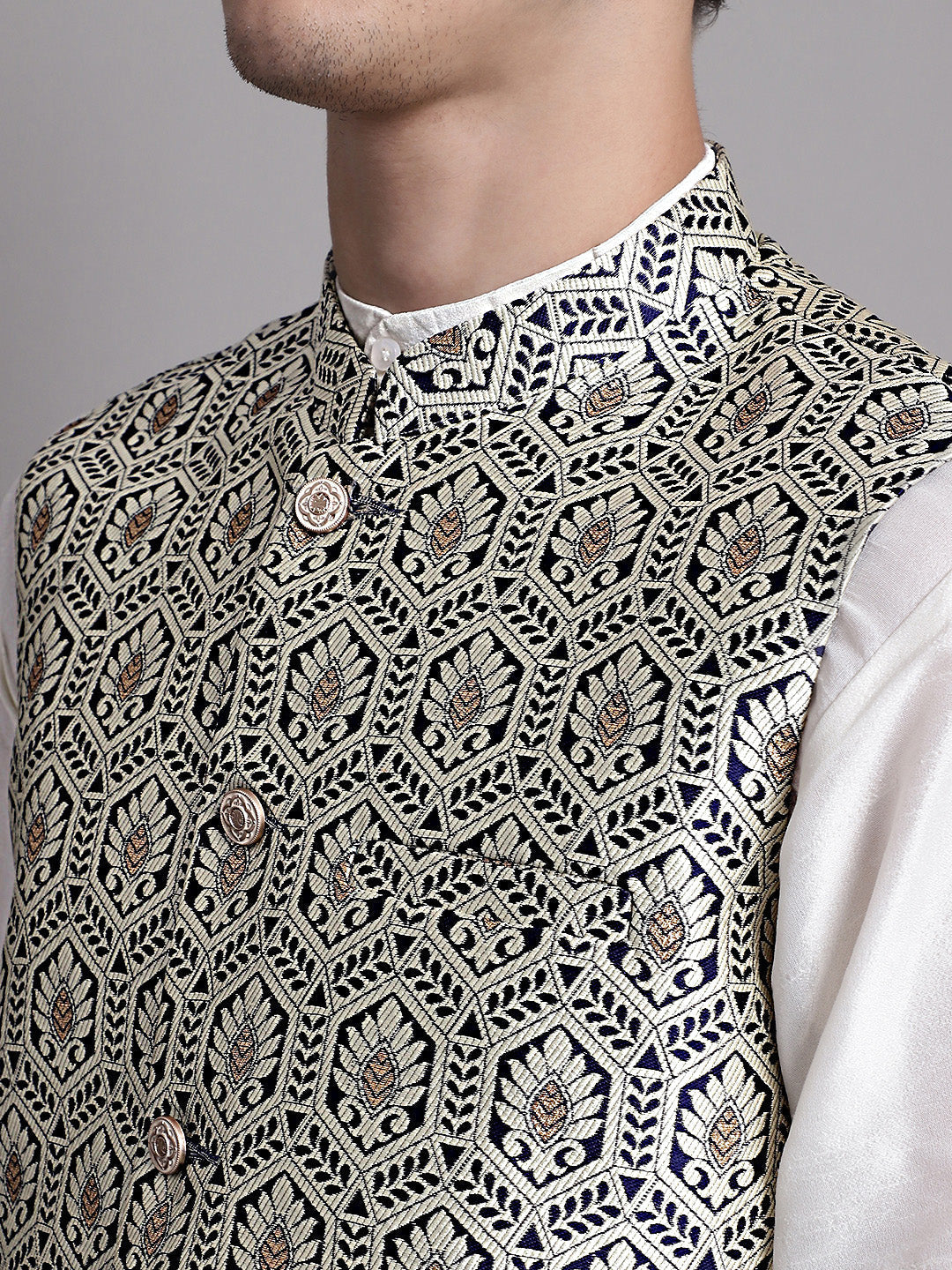 Jompers Men's Silver and Navy Blue Woven Design Nehru Jacket With Solid Kurta Pyjama