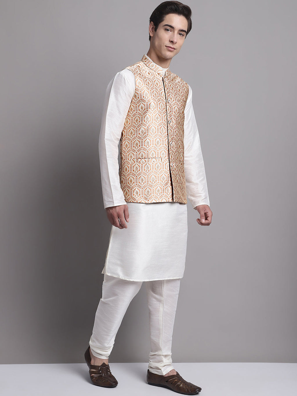 Jompers Men's Peach Woven Design Nehru Jacket With Solid Kurta Pyjama
