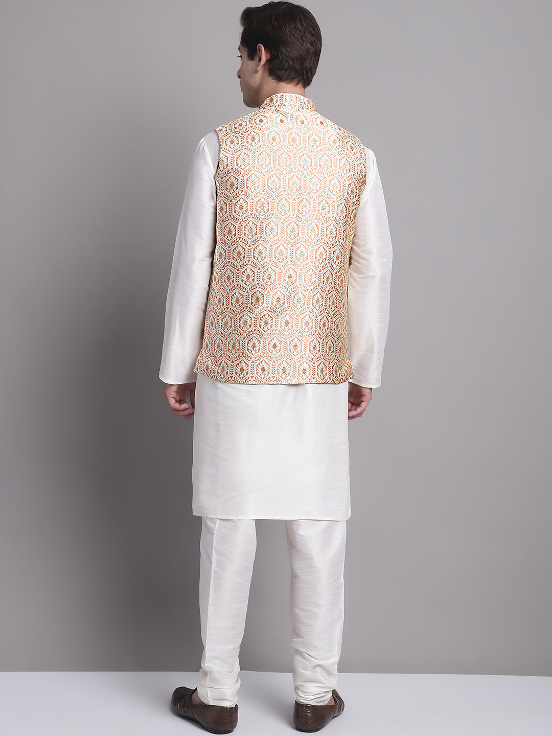 Jompers Men's Peach Woven Design Nehru Jacket With Solid Kurta Pyjama