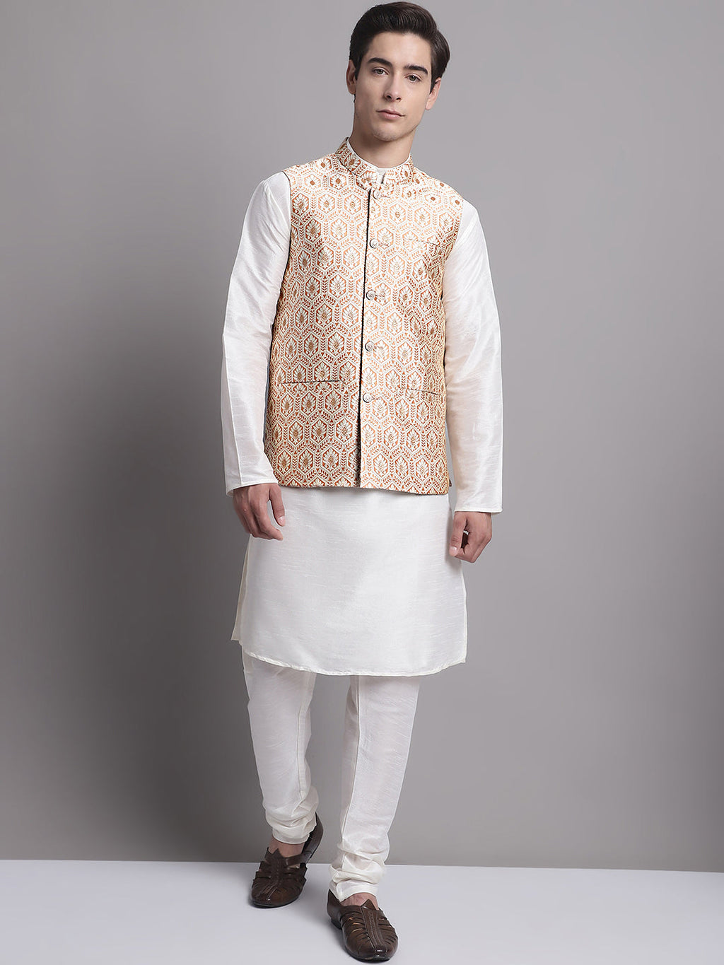Jompers Men's Peach Woven Design Nehru Jacket With Solid Kurta Pyjama