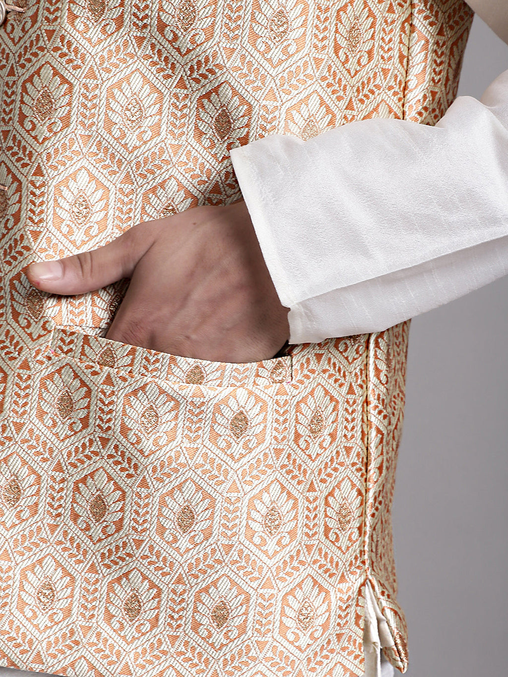 Jompers Men's Peach Woven Design Nehru Jacket With Solid Kurta Pyjama