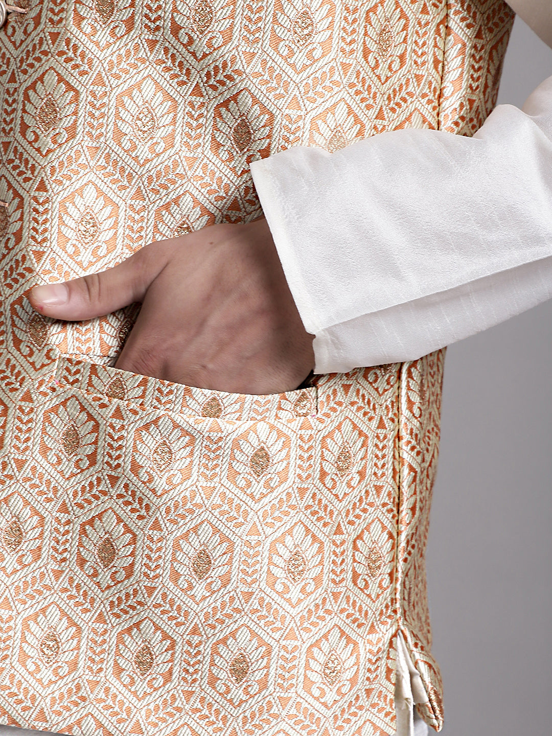 Jompers Men's Peach Woven Design Nehru Jacket With Solid Kurta Pyjama