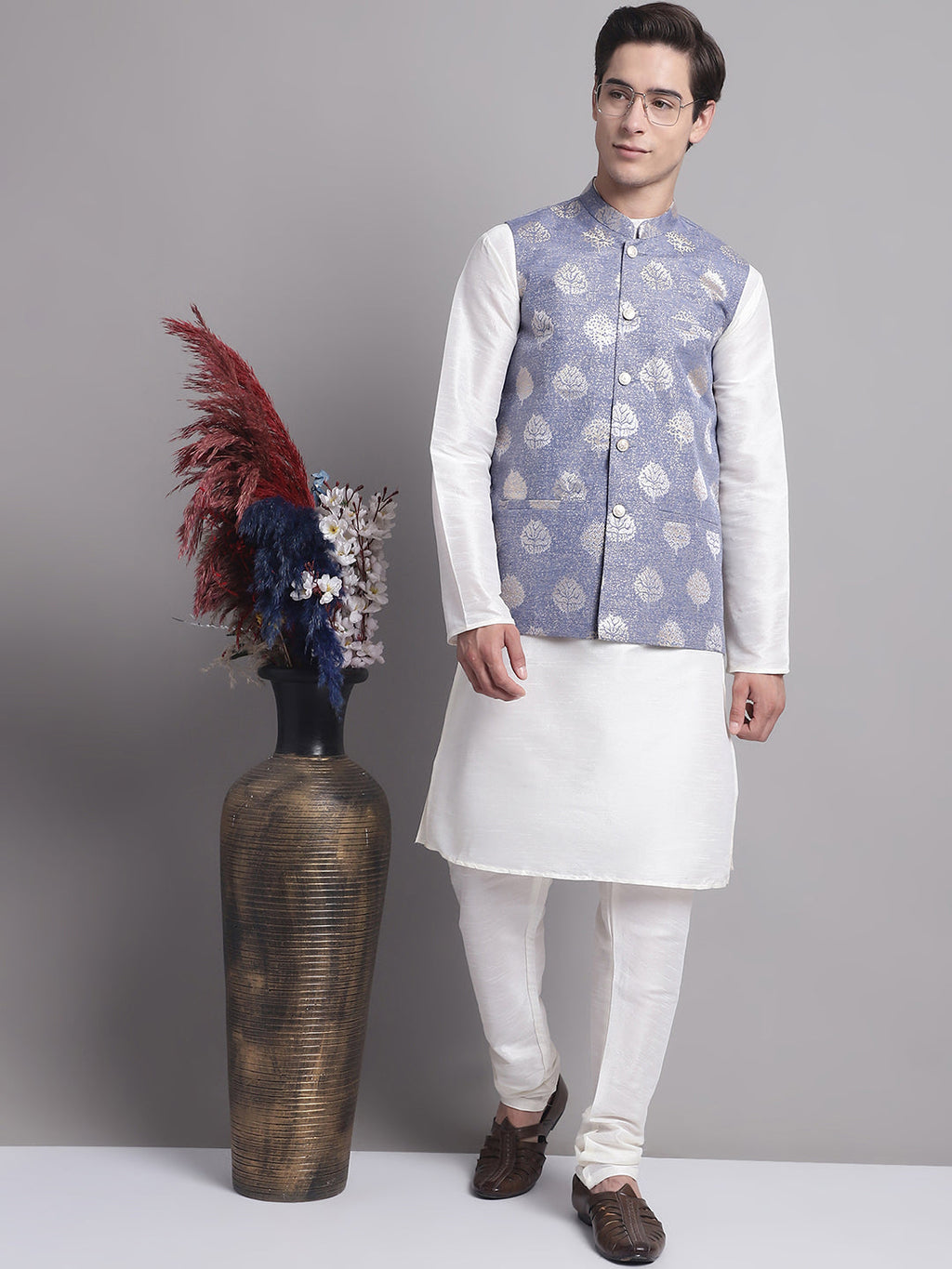 Jompers Men's Blue Printed Nehru Jacket With Solid Kurta Pyjama