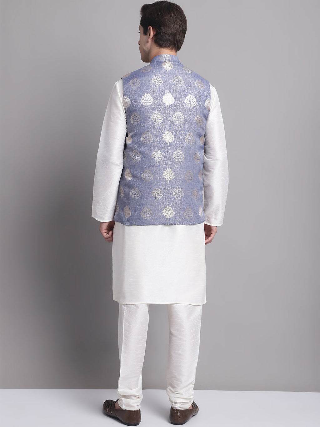 Jompers Men's Blue Printed Nehru Jacket With Solid Kurta Pyjama