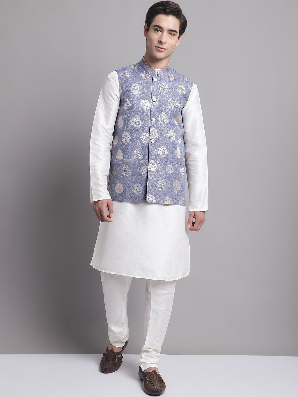 Jompers Men's Blue Printed Nehru Jacket With Solid Kurta Pyjama
