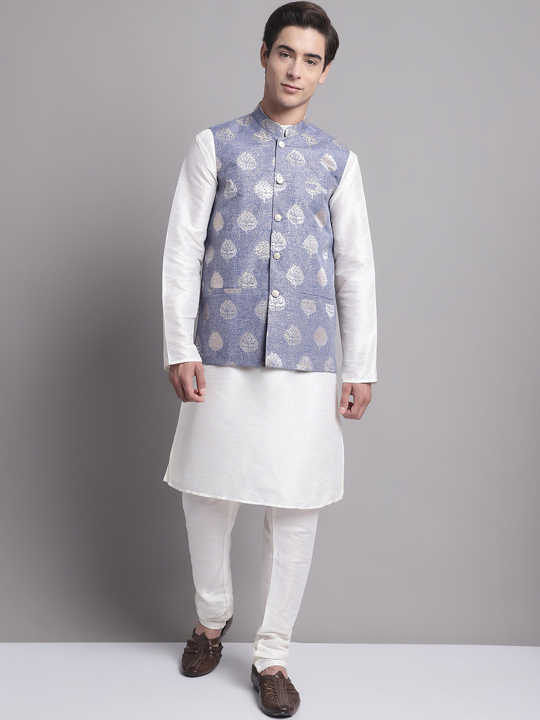 Jompers Men's Blue Printed Nehru Jacket With Solid Kurta Pyjama