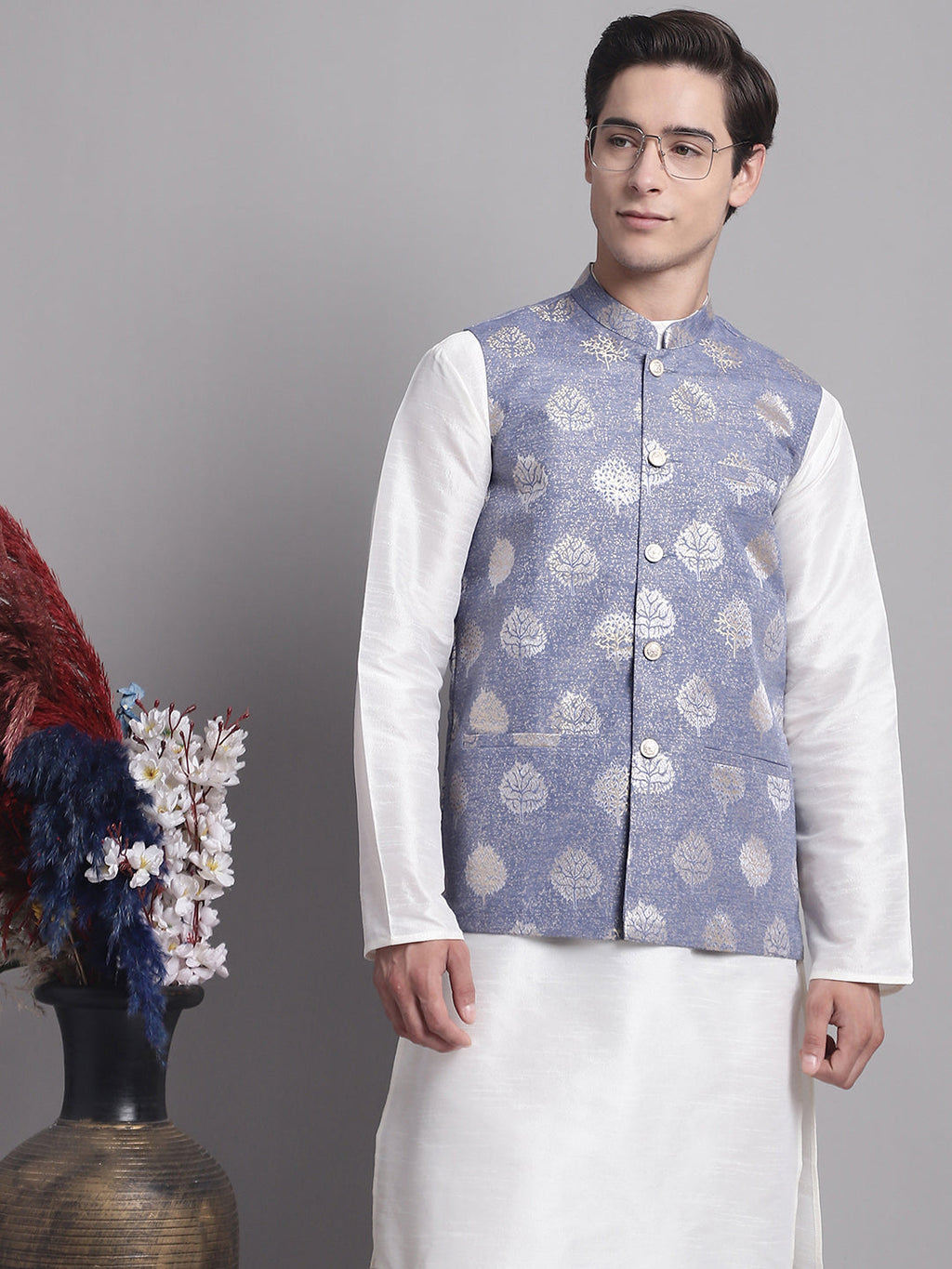 Jompers Men's Blue Printed Nehru Jacket With Solid Kurta Pyjama