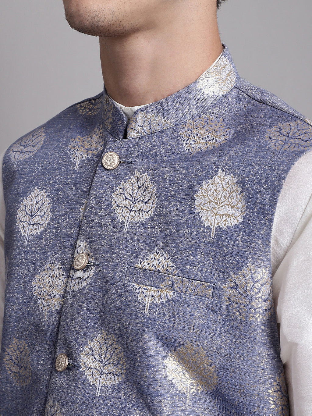 Jompers Men's Blue Printed Nehru Jacket With Solid Kurta Pyjama