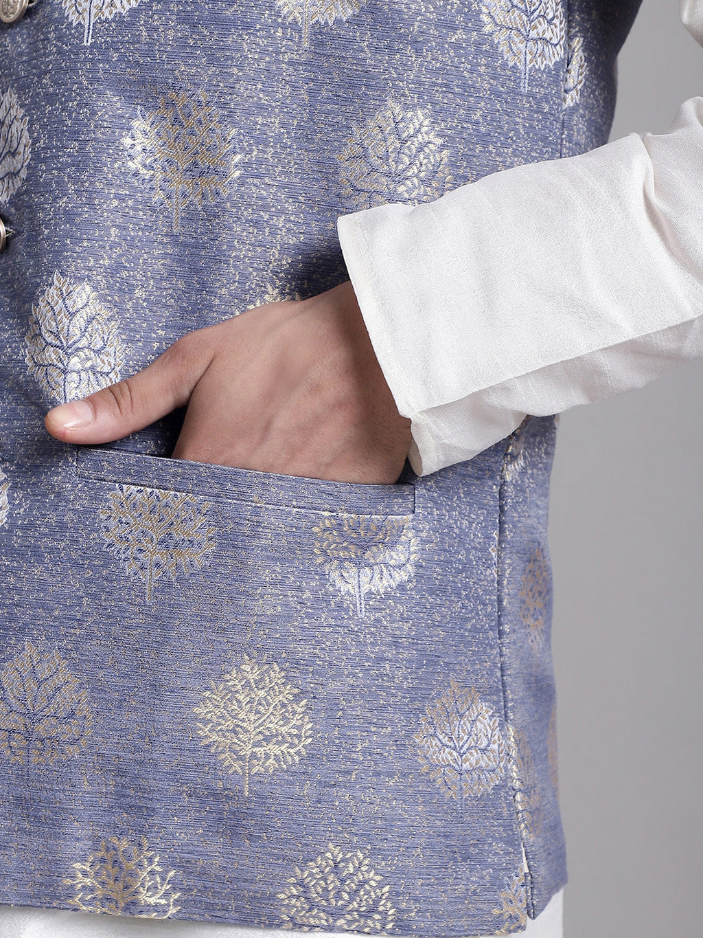 Jompers Men's Blue Printed Nehru Jacket With Solid Kurta Pyjama