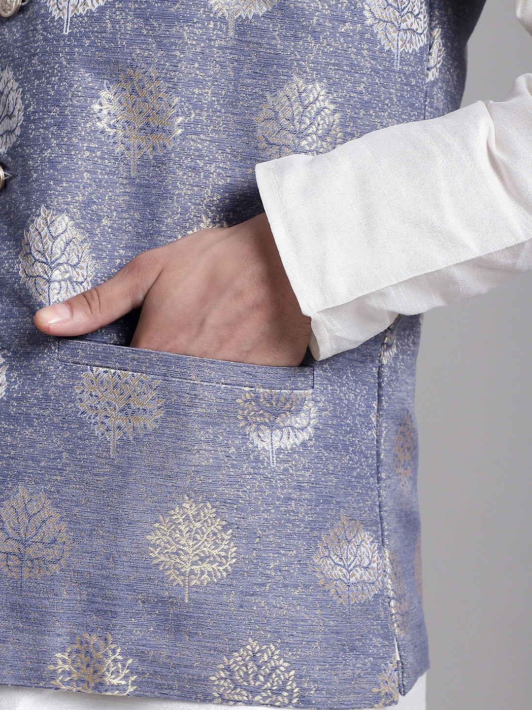 Jompers Men's Blue Printed Nehru Jacket With Solid Kurta Pyjama