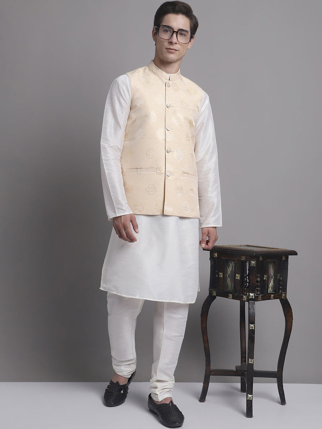 Jompers Men's Cream Printed Nehru Jacket With Solid Kurta Pyjama
