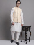 Jompers Men's Cream Printed Nehru Jacket With Solid Kurta Pyjama