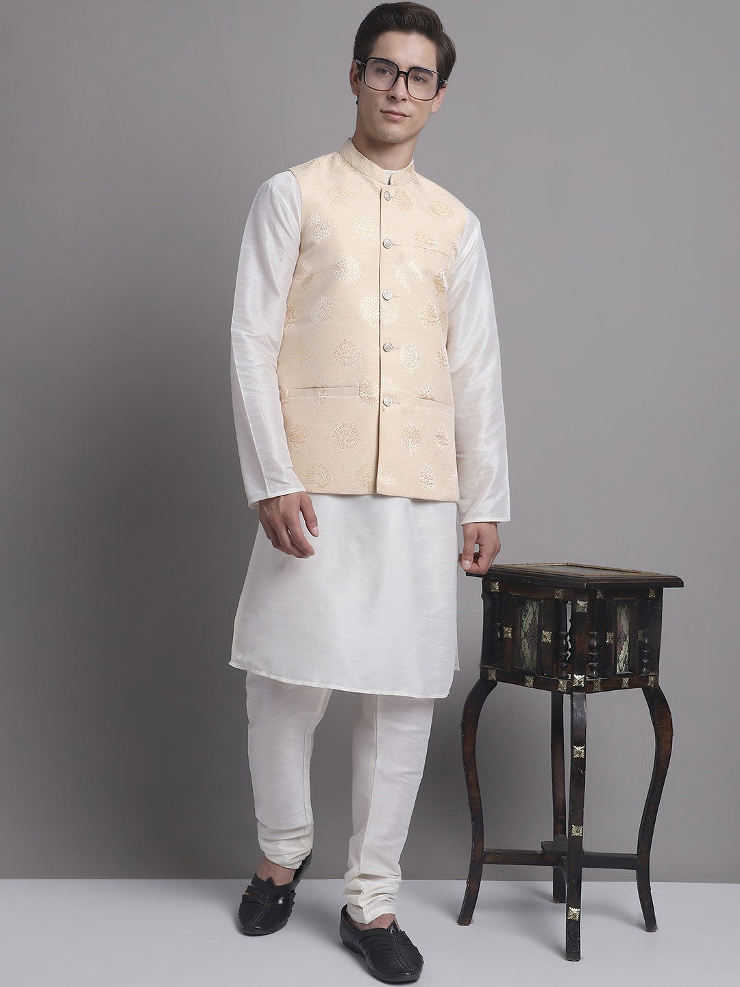 Jompers Men's Cream Printed Nehru Jacket With Solid Kurta Pyjama