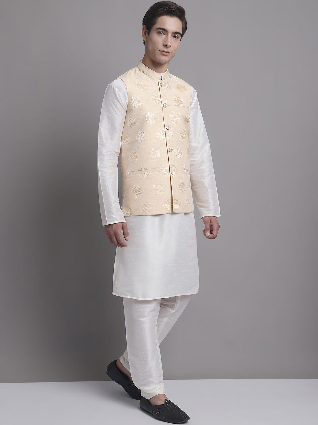 Jompers Men's Cream Printed Nehru Jacket With Solid Kurta Pyjama