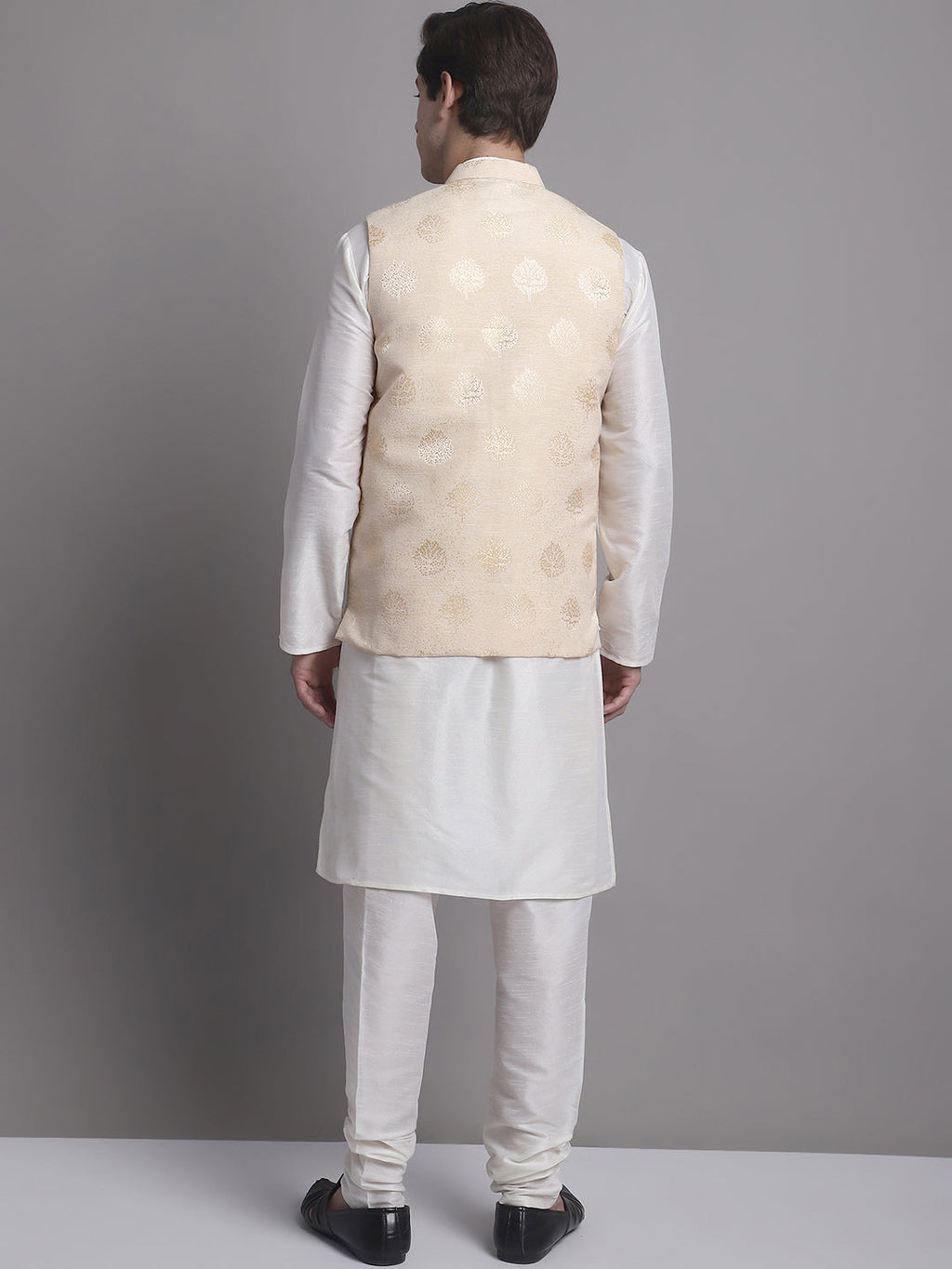 Jompers Men's Cream Printed Nehru Jacket With Solid Kurta Pyjama
