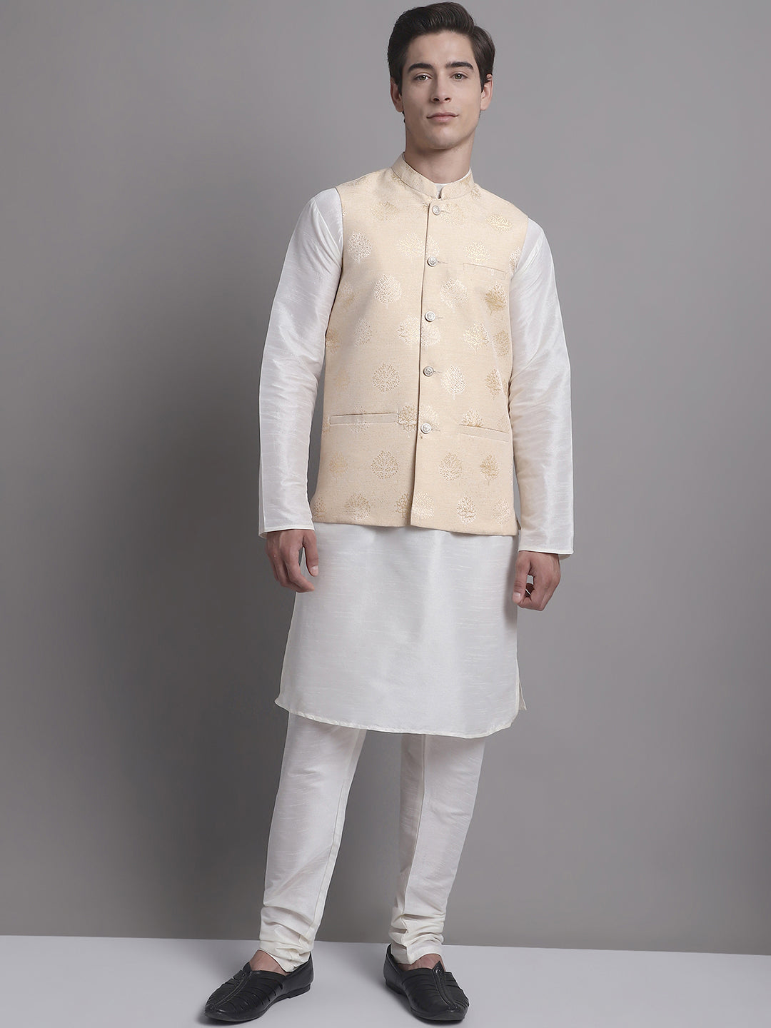 Jompers Men's Cream Printed Nehru Jacket With Solid Kurta Pyjama