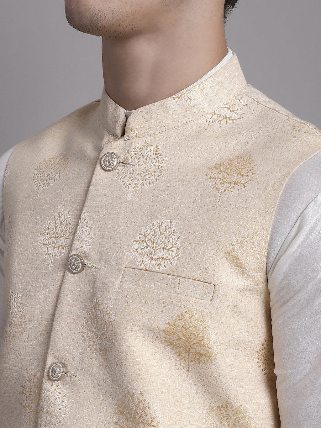 Jompers Men's Cream Printed Nehru Jacket With Solid Kurta Pyjama