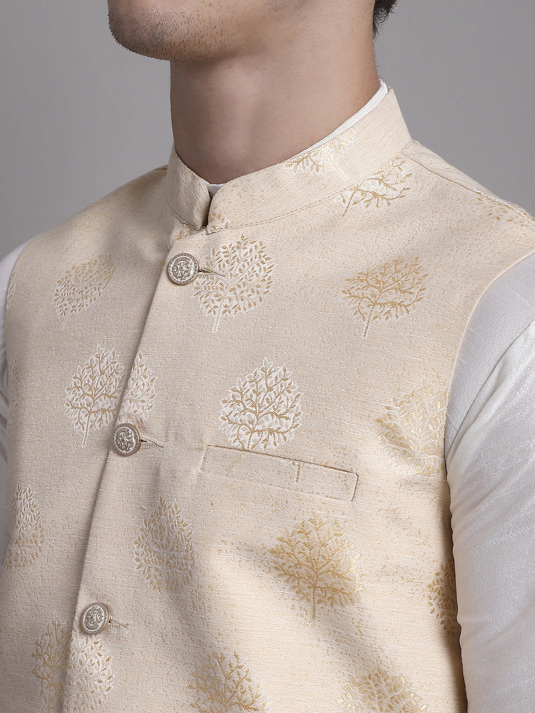 Jompers Men's Cream Printed Nehru Jacket With Solid Kurta Pyjama