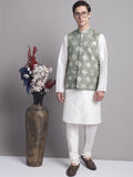 Jompers Men's Green Printed Nehru Jacket With Solid Kurta Pyjama