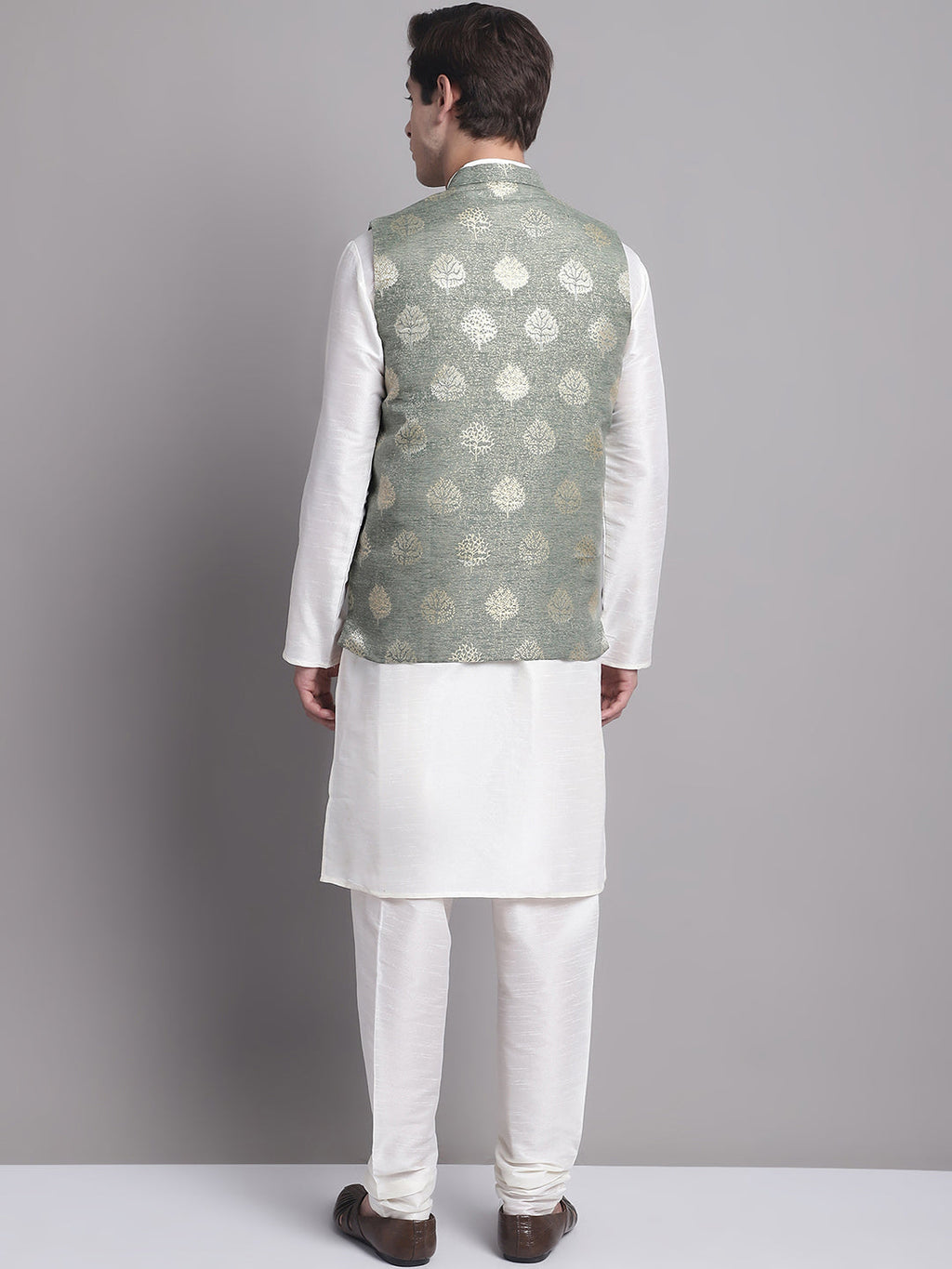 Jompers Men's Green Printed Nehru Jacket With Solid Kurta Pyjama
