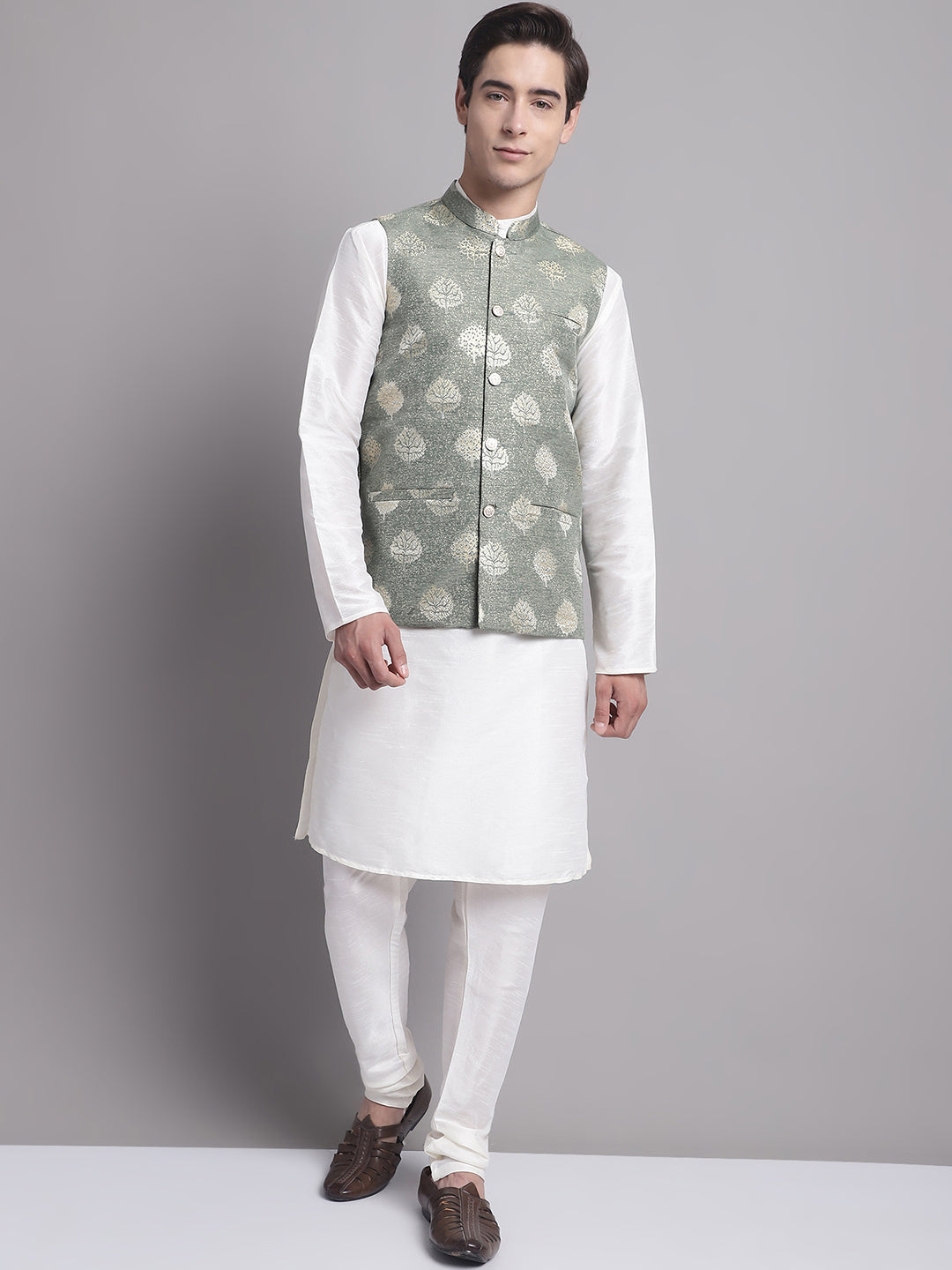 Jompers Men's Green Printed Nehru Jacket With Solid Kurta Pyjama