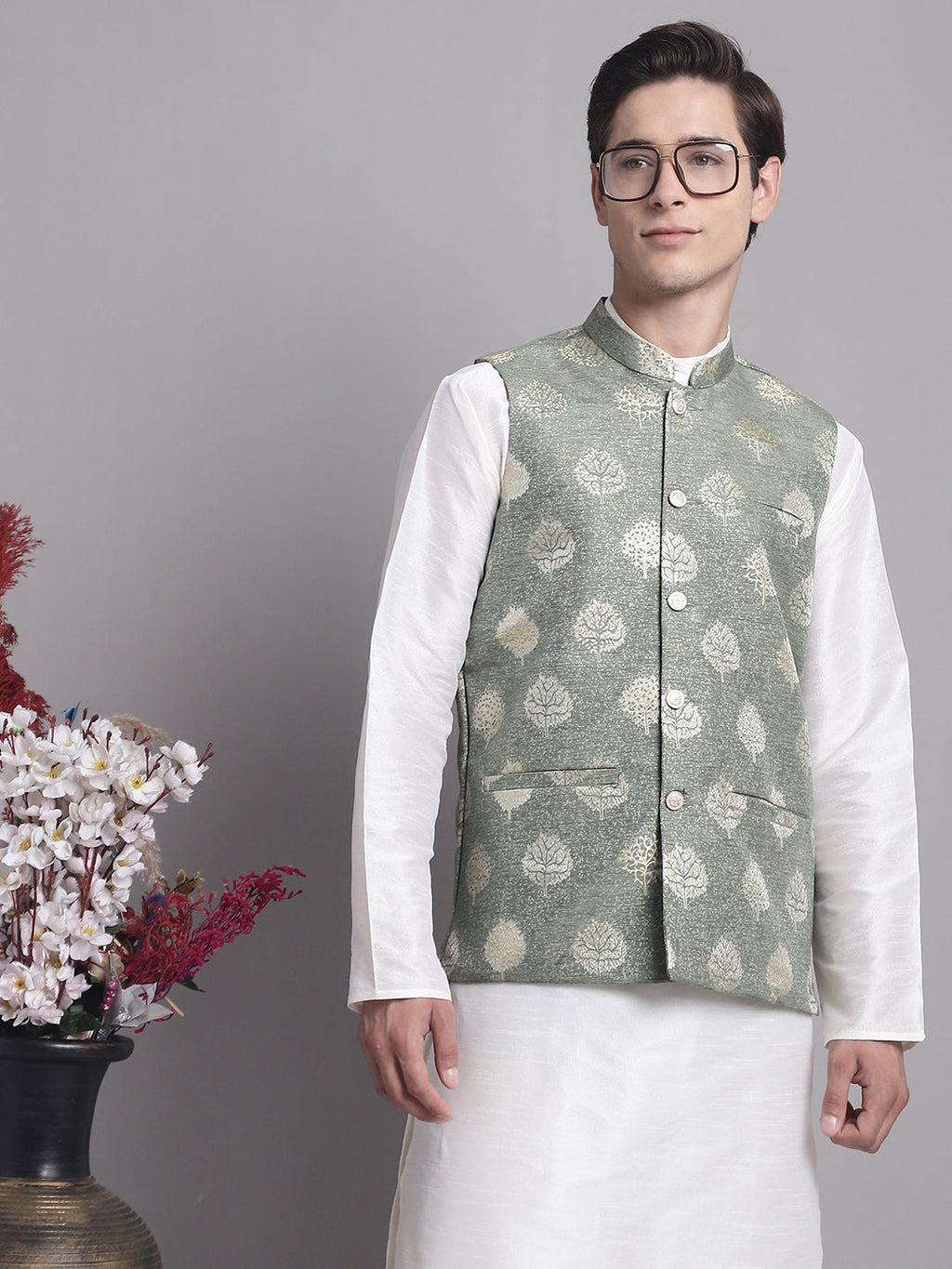 Jompers Men's Green Printed Nehru Jacket With Solid Kurta Pyjama