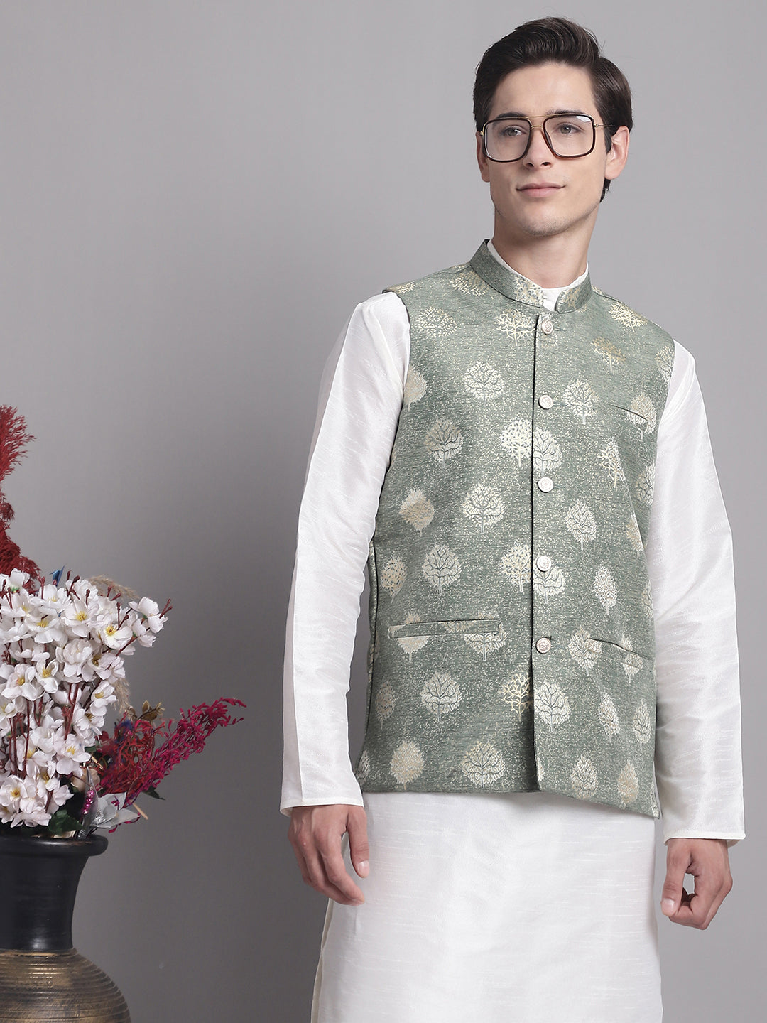 Jompers Men's Green Printed Nehru Jacket With Solid Kurta Pyjama