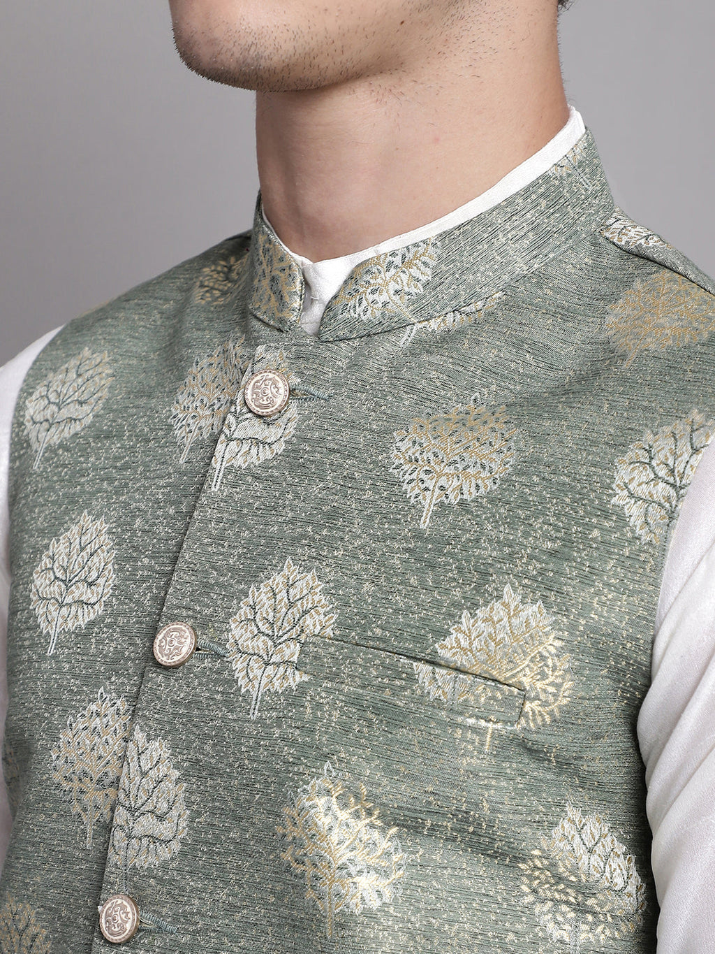 Jompers Men's Green Printed Nehru Jacket With Solid Kurta Pyjama