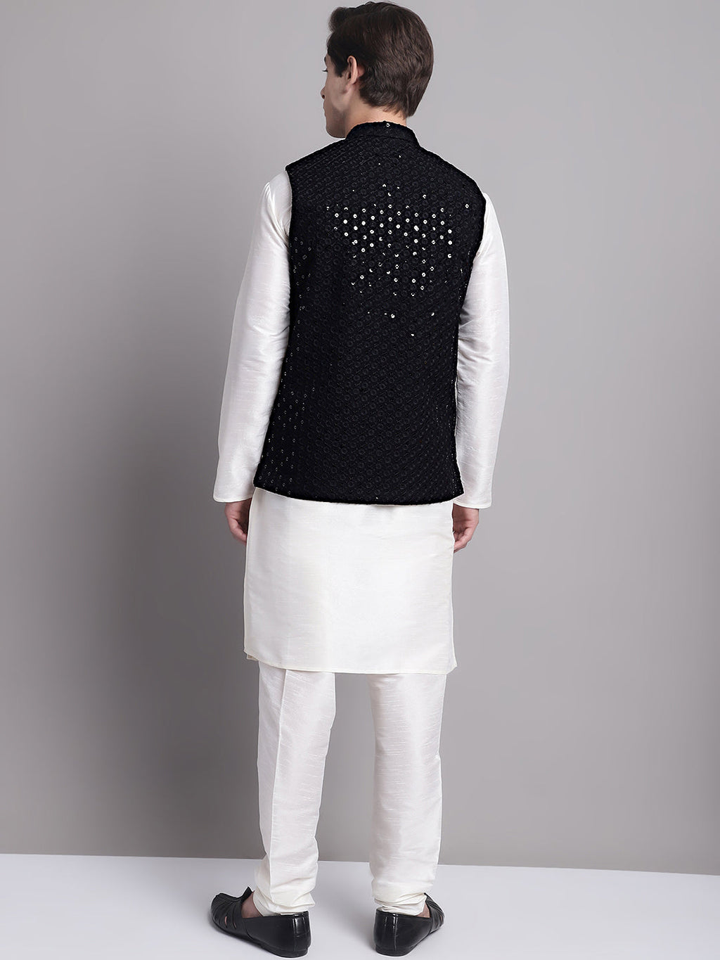 Jompers Men's Black Sequins and Embroidred Nehru Jacket With Solid Kurta Pyjama