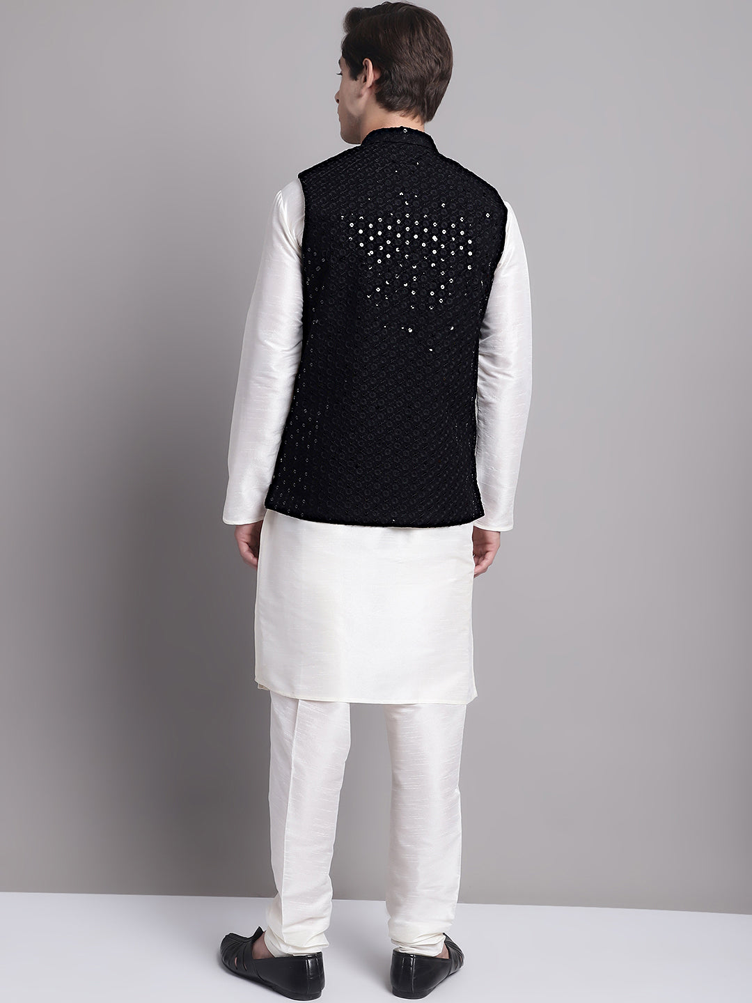 Jompers Men's Black Sequins and Embroidred Nehru Jacket With Solid Kurta Pyjama