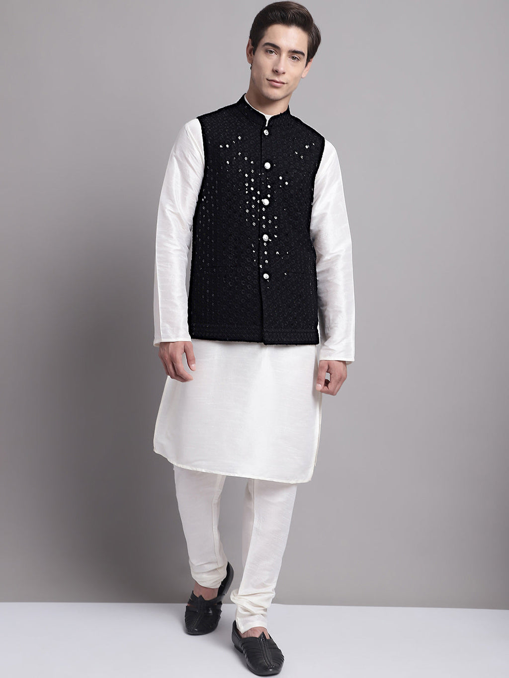 Jompers Men's Black Sequins and Embroidred Nehru Jacket With Solid Kurta Pyjama