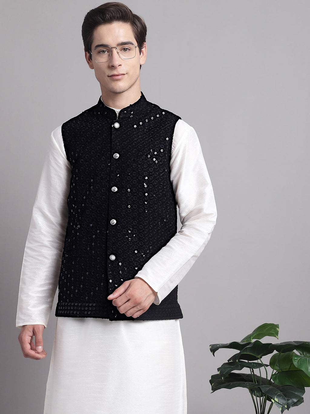Jompers Men's Black Sequins and Embroidred Nehru Jacket With Solid Kurta Pyjama