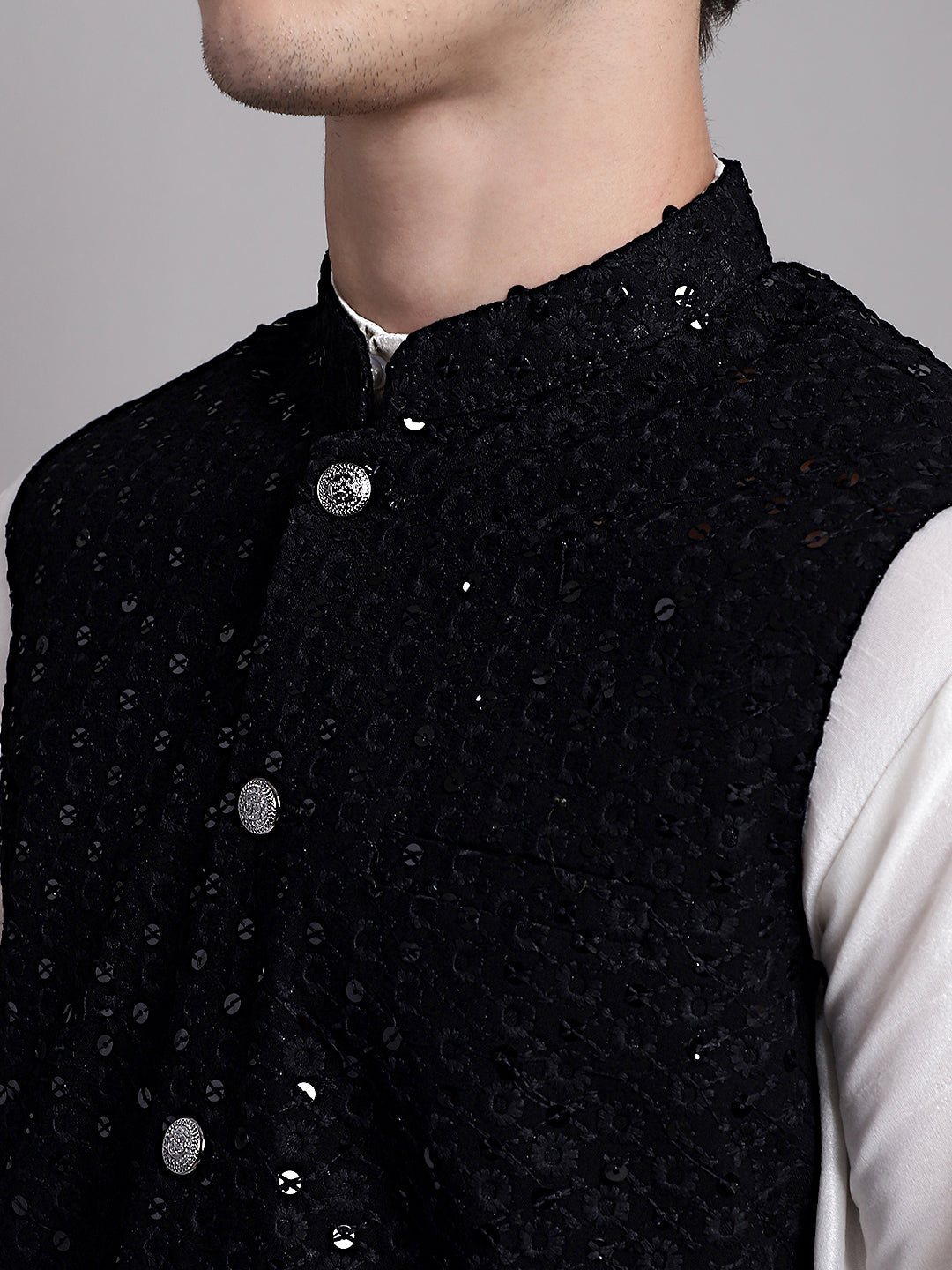 Jompers Men's Black Sequins and Embroidred Nehru Jacket With Solid Kurta Pyjama