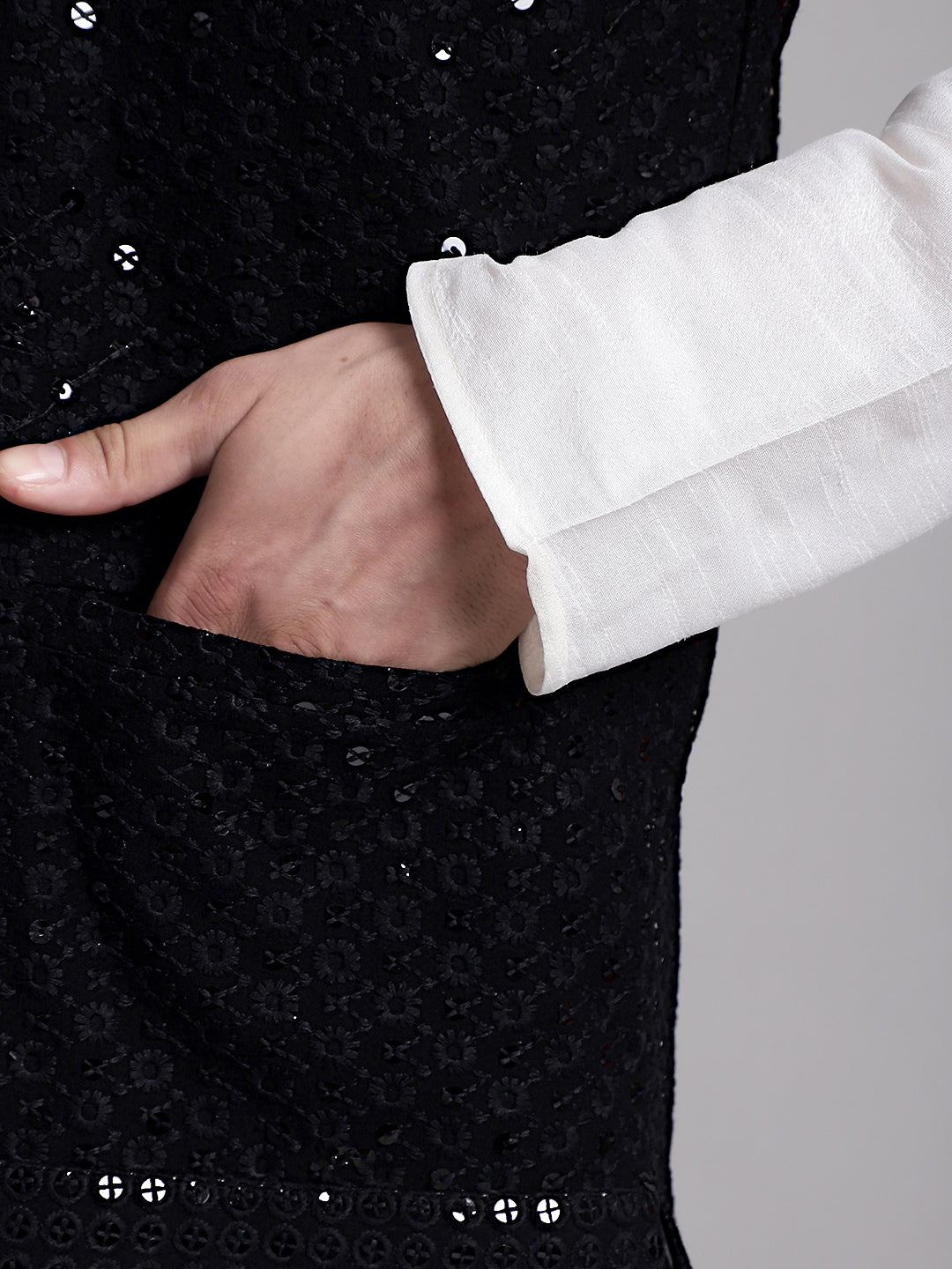 Jompers Men's Black Sequins and Embroidred Nehru Jacket With Solid Kurta Pyjama