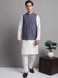 Jompers Men's Grey Sequins and Embroidred Nehru Jacket With Solid Kurta Pyjama