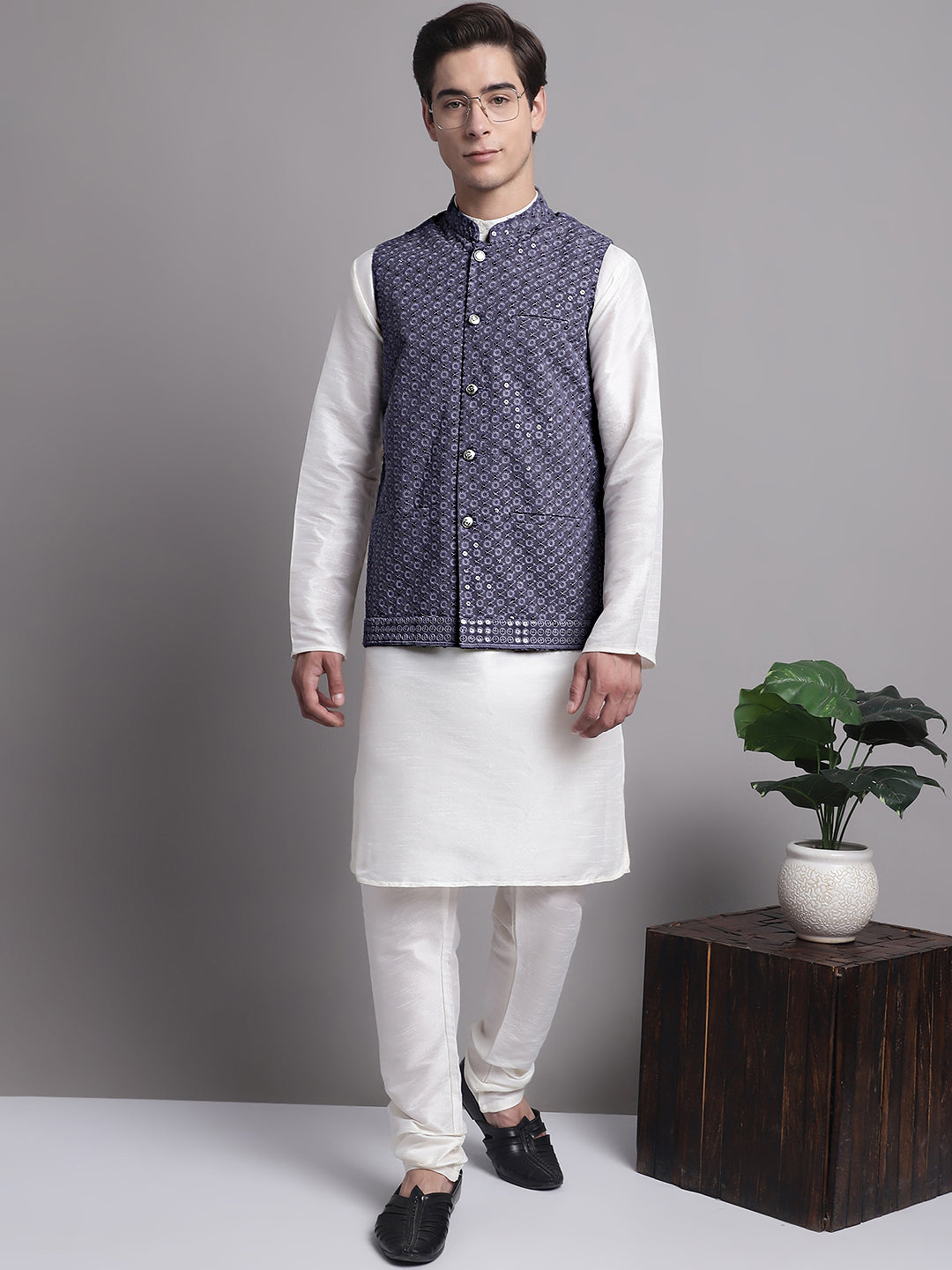 Jompers Men's Grey Sequins and Embroidred Nehru Jacket With Solid Kurta Pyjama
