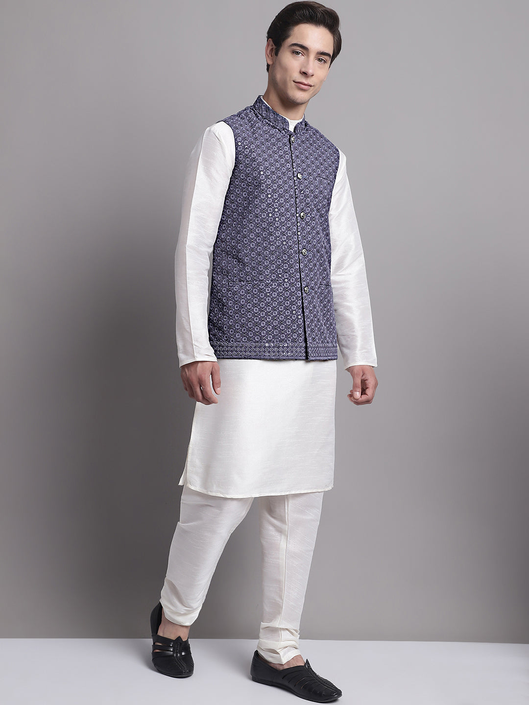 Jompers Men's Grey Sequins and Embroidred Nehru Jacket With Solid Kurta Pyjama