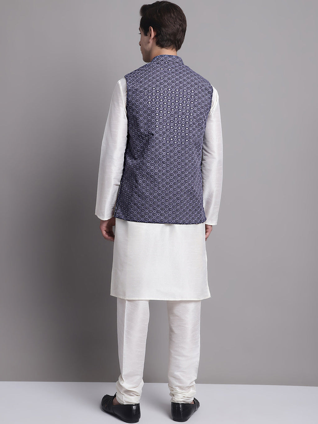 Jompers Men's Grey Sequins and Embroidred Nehru Jacket With Solid Kurta Pyjama